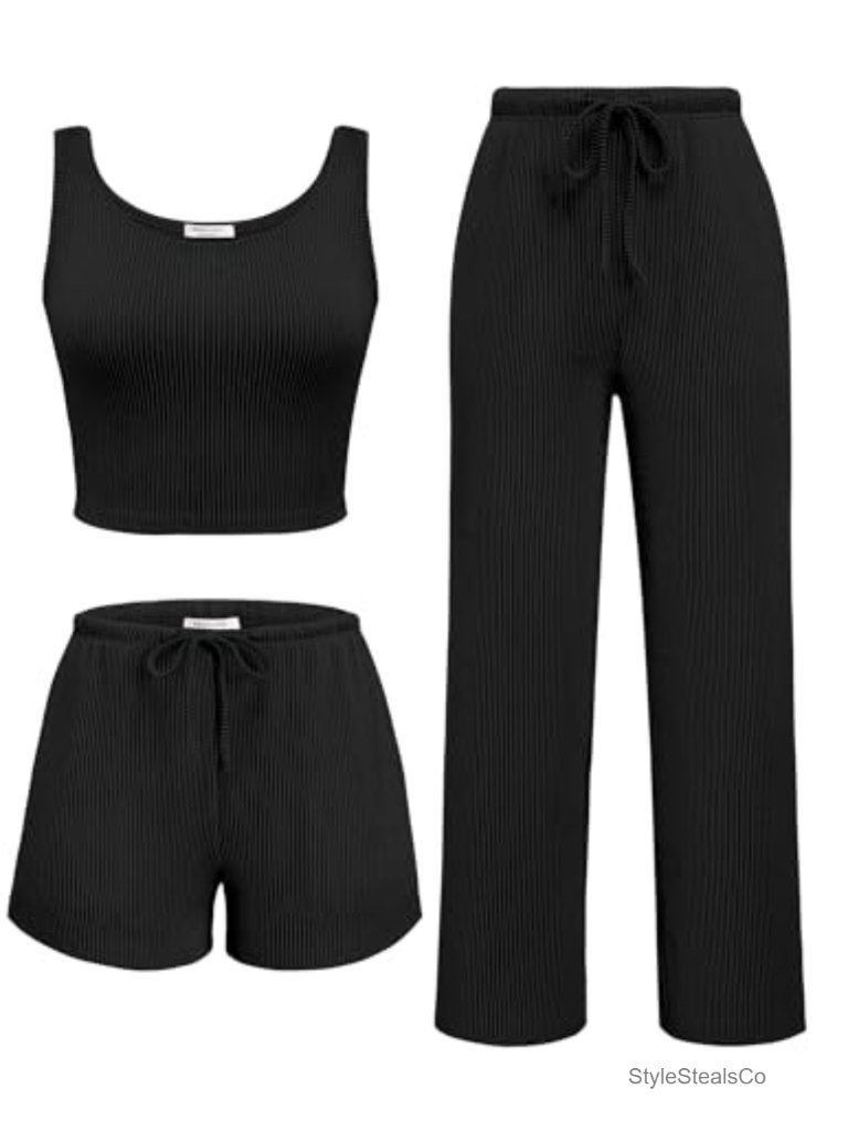 3-Piece Lounge Set Soft Twisted Rib Knit Crop Top Shorts & Pants
